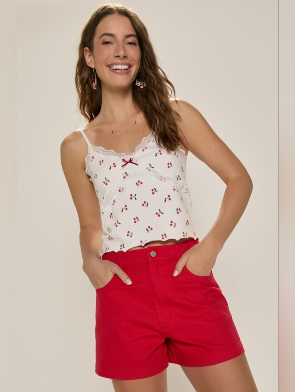 Fracesca's Ann Lace Trim Cherry-Print Cami Tank Top